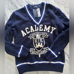 NWT Polo Ralph Lauren Academy Hand Printed Sweater Navy Size Small $168